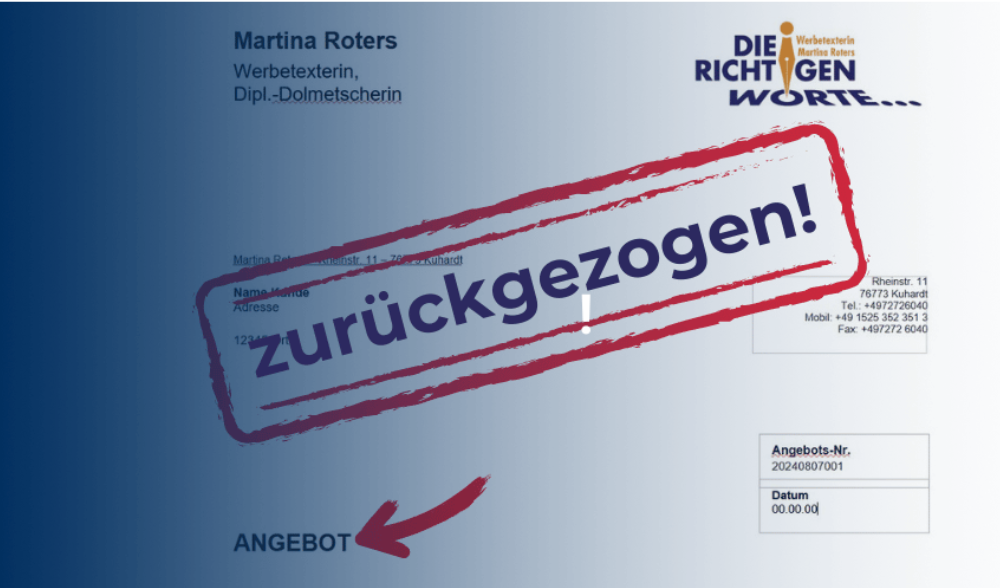 Briefkopf eines Angebots von Martina Roters, Werbetexterin mit großem Stempel: zurückgezogen